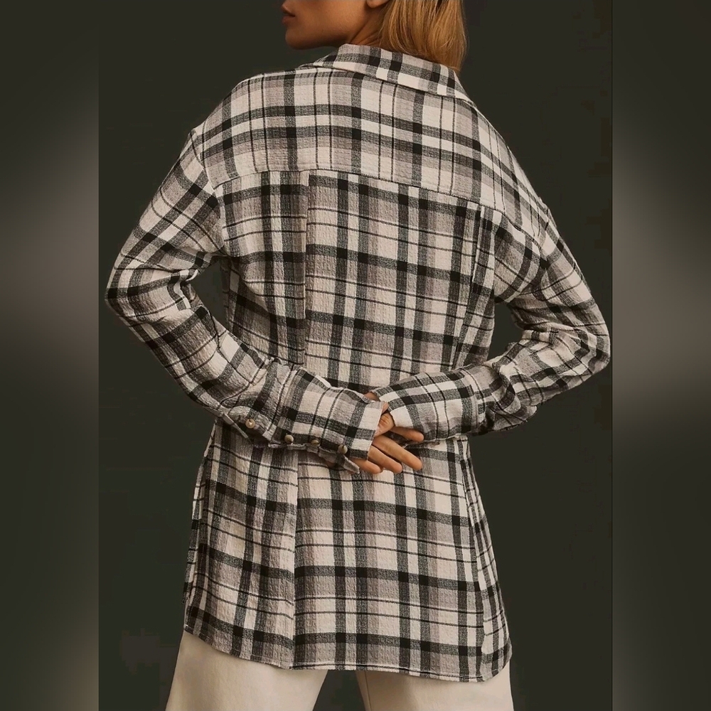 Pilcro x Anthropologie Longline Relaxed Plaid Buttondown Black White Top Medium - Picture 4 of 10